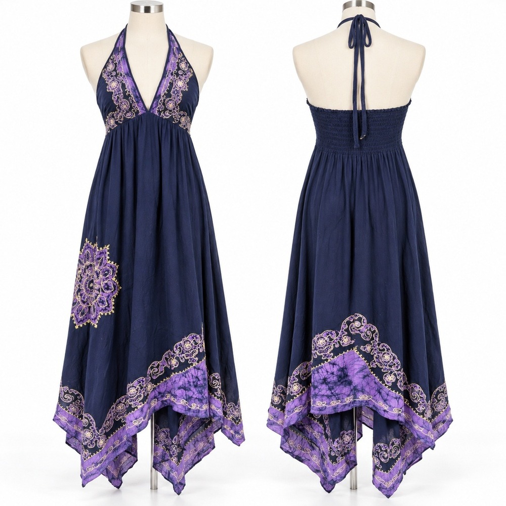 Advance Apparels Halter Dress Womens Free Sz Navy Purple Batik Handkerchief Hem